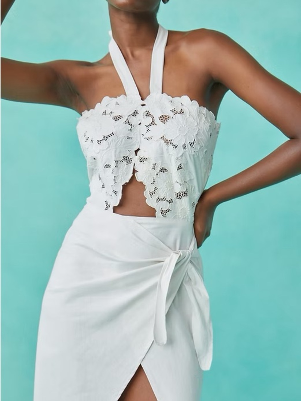 TACH White Lace Halter Midi Dress